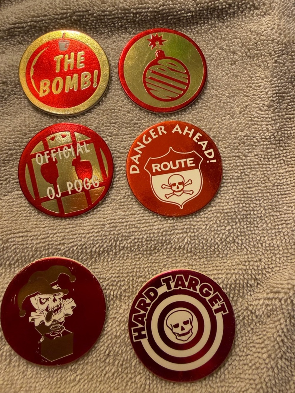 Vintage Red & Gold Pogs - 'The Bomb' / Route Danger / Hard Target/ Official OJ